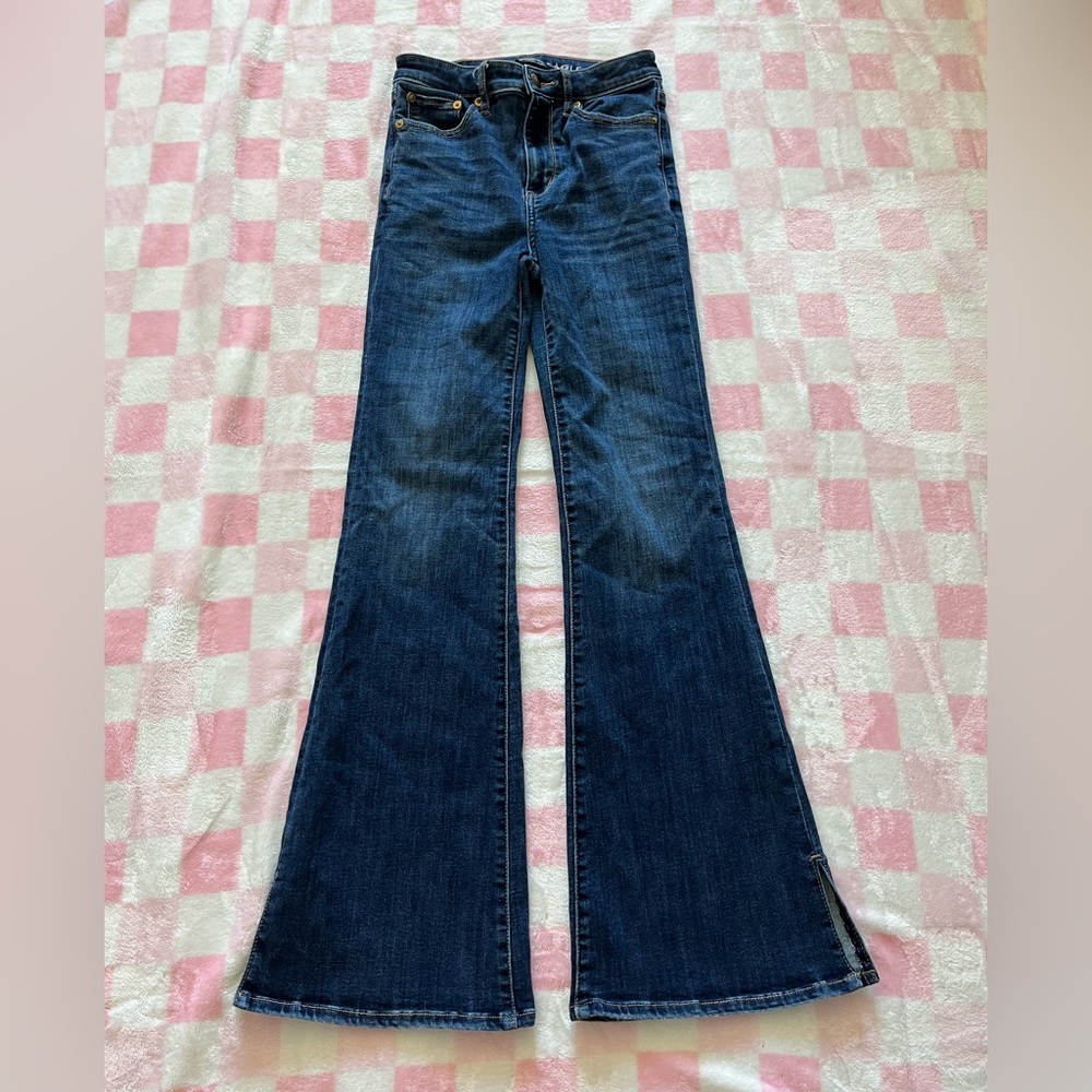 american eagle, next level stretch, super high rise flare, size 0